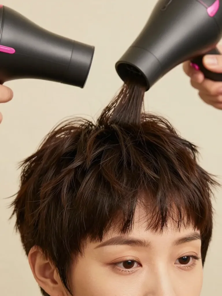 Comparison of two pixie cuts on round faces showing the difference between volume placement