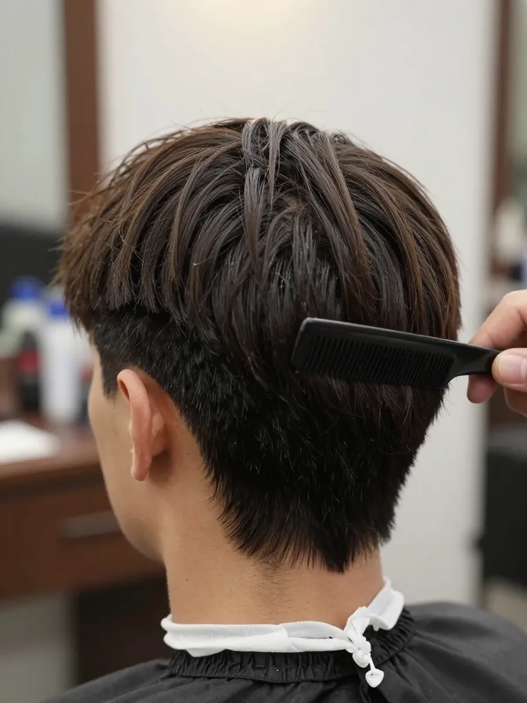 Crown sectioning for mullet cut with curved part from ear to ear on straight dark brown hair