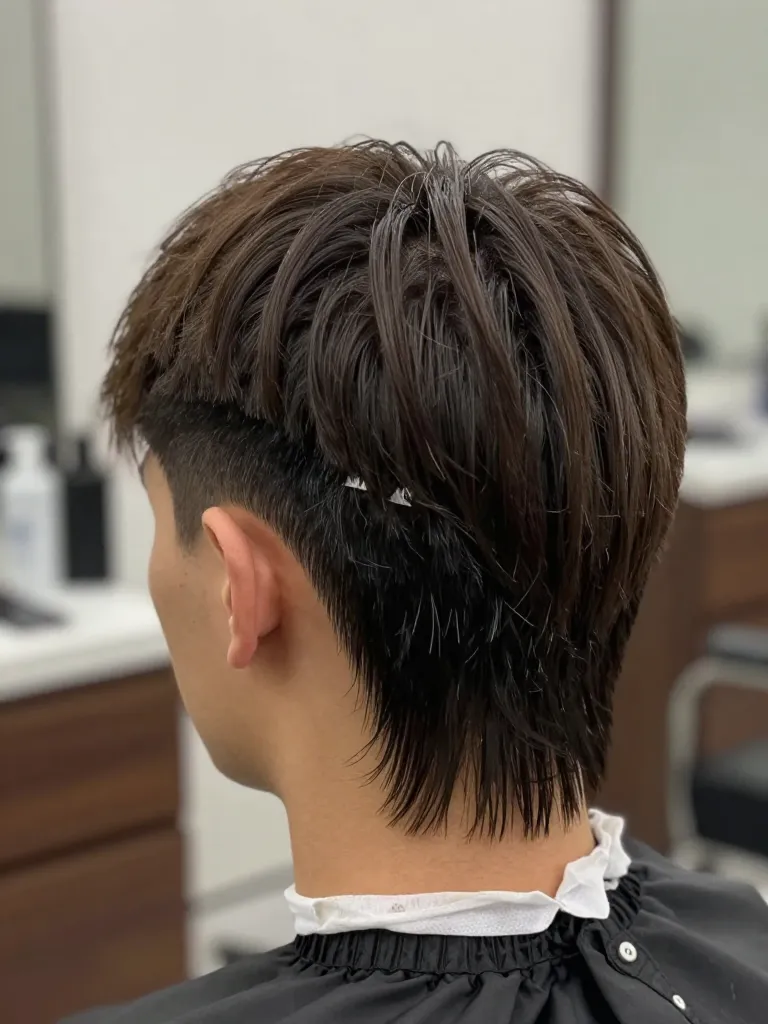 Cutting the back length of a mullet with shears on straight dark brown hair