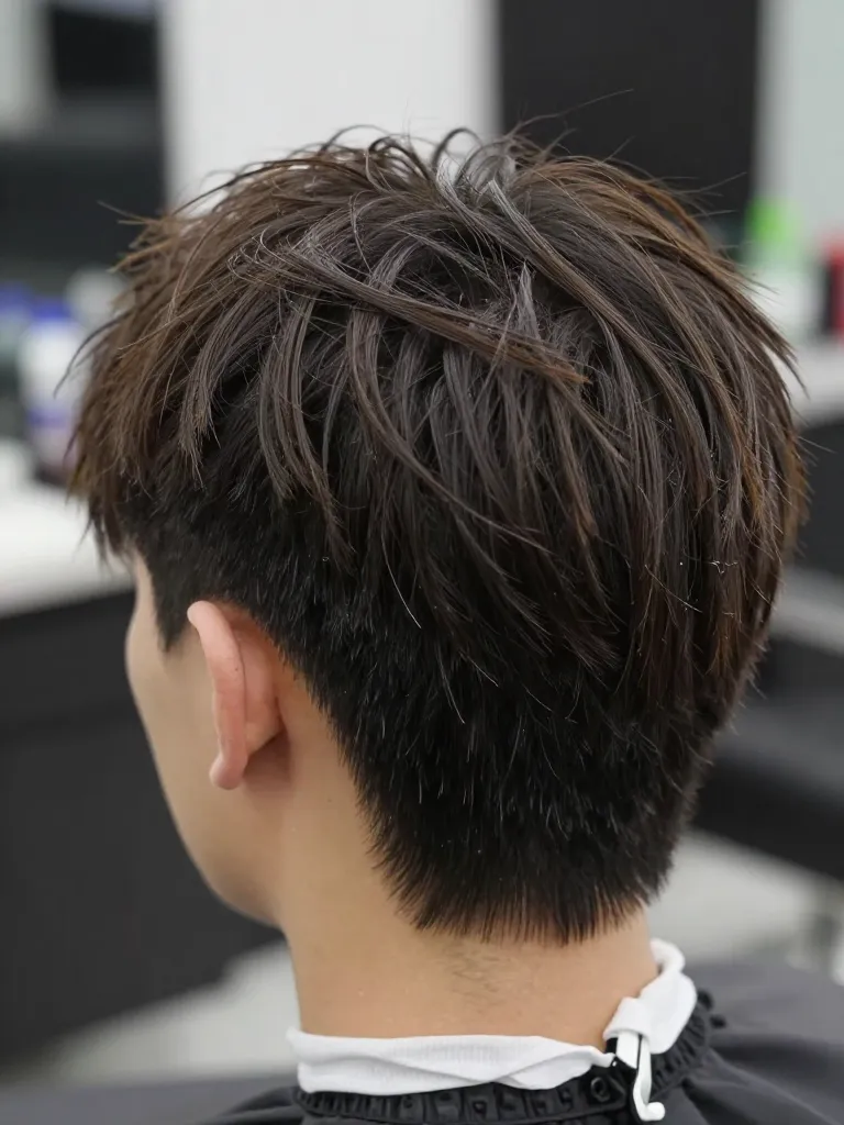 Texturizing a mullet back with razor comb on straight dark brown hair