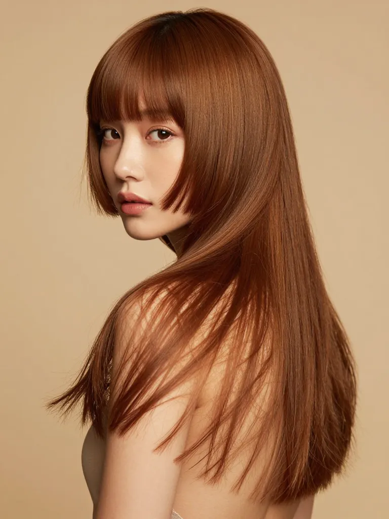 Shag mullet in warm honey-brown hair with curtain bangs and piece-y layers