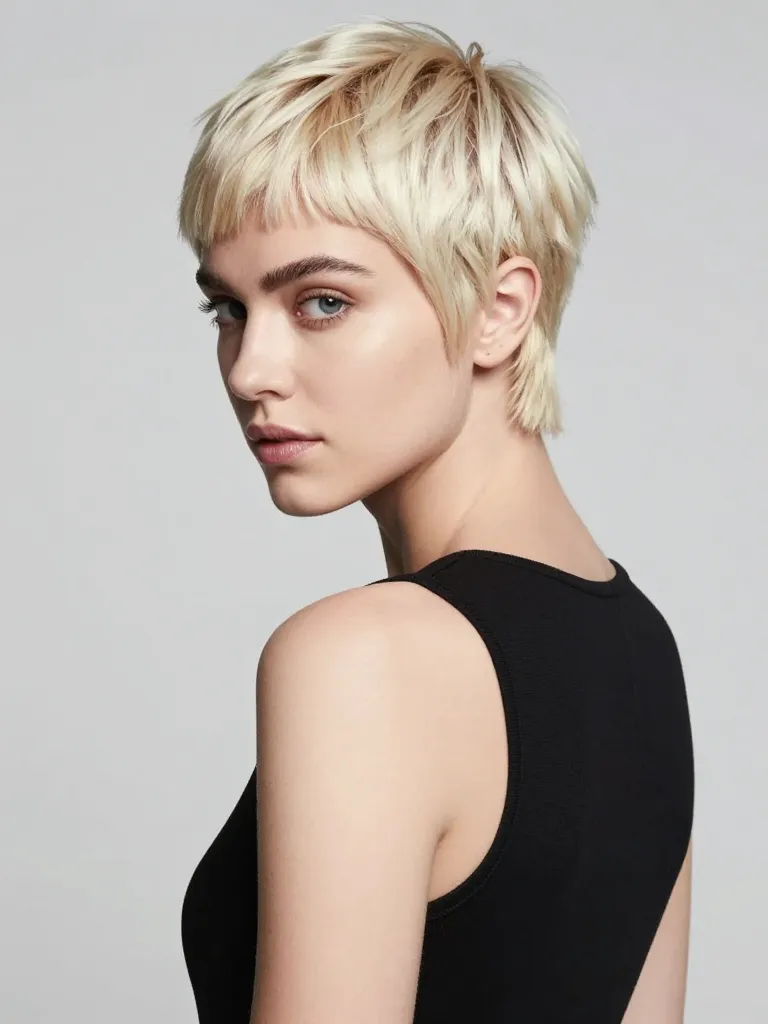 Pixie mullet in platinum blonde with short textured bangs and nape extension