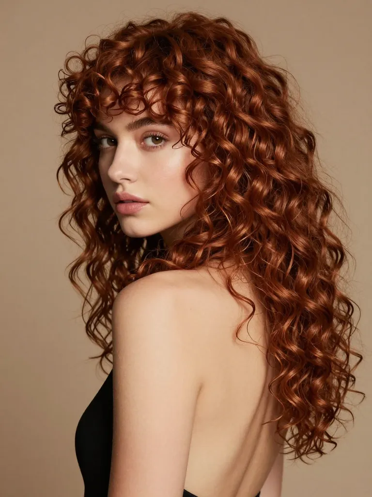 Curly mullet in auburn hair with defined ringlets and cascading curls
